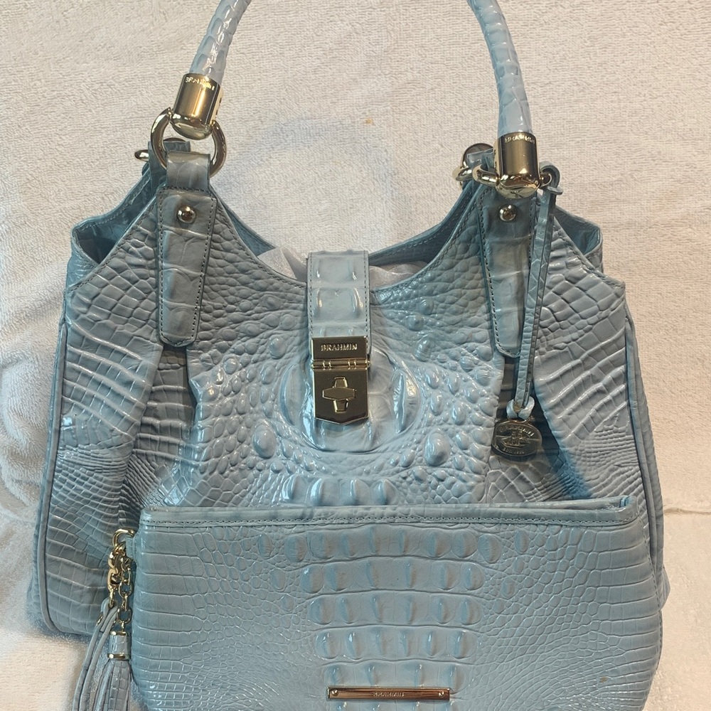 Brahmin Sky Blue Croc-Embossed Leather Satchel